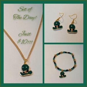 Set Of The Day! Green Enamel Necklace, Earrings & Bracelet Set